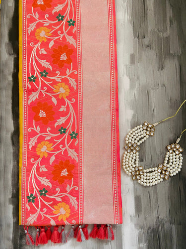 Banarasi Katan pure silk saree | Alfi Sona-Rupa kadwa weave with Kadiyal border | Yellow and Peach | Handwoven | Ships from California